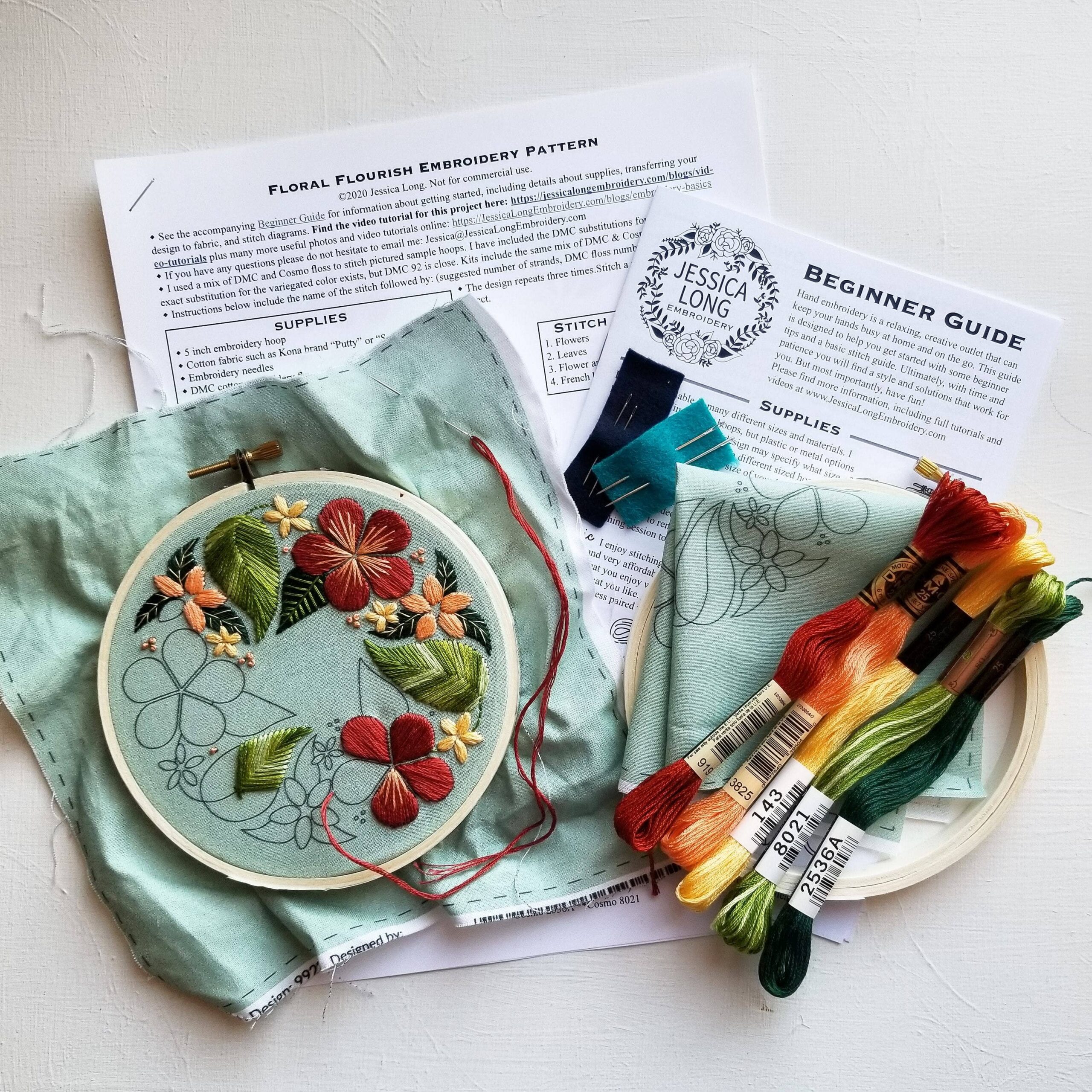 Floral Flourish Beginner Embroidery Kit: Muted green fabric