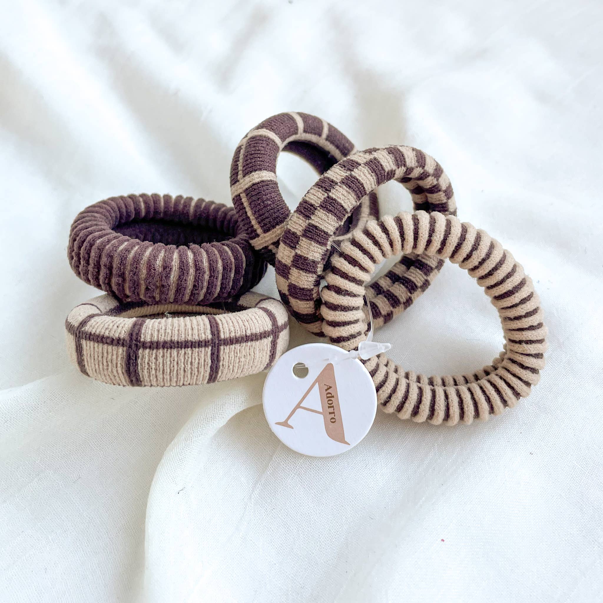 Adorro - Checkered/Plaid/Stripes Seamless Hair Tie (Set of 5)