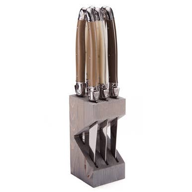 The French Farm - Jean Dubost 6 Steak Knives Linen Handles in a Wood Block
