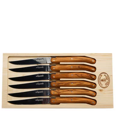 The French Farm - Jean Dubost 6 Steak Knives Olive Wood Handles in a Box