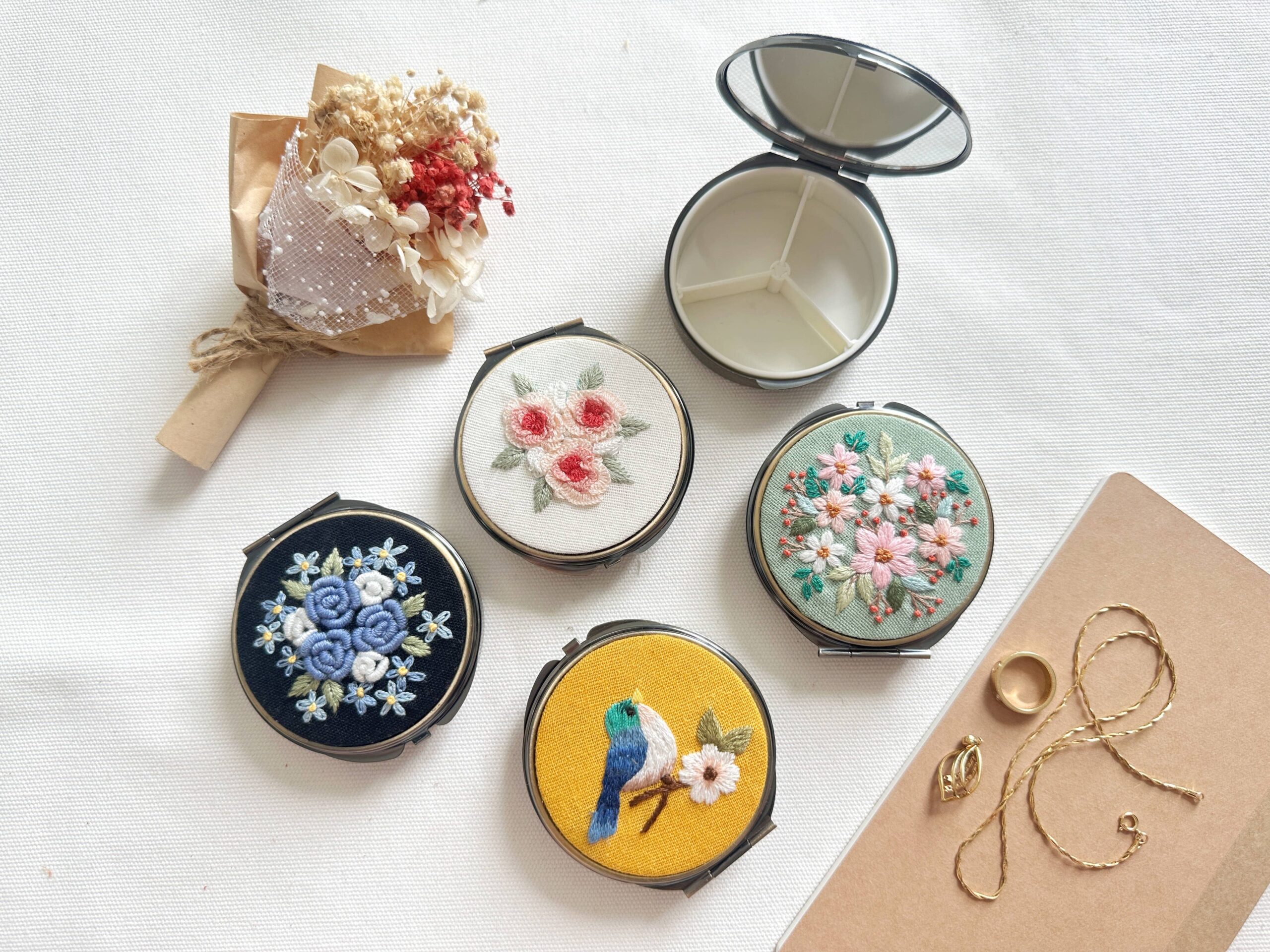 Quince Fables - Floral Embroidered Round Jewelry Box With Mirror Success