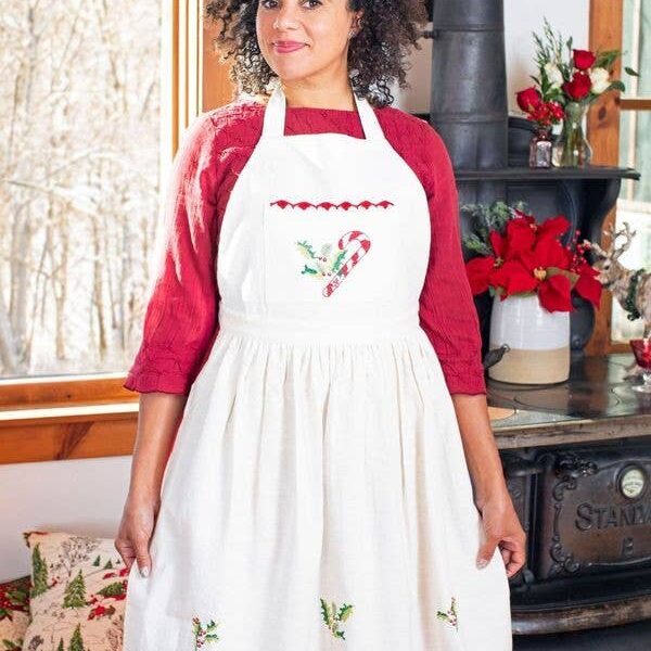 Candy Cane Cross Stitch Embroidered Apron: Ecru