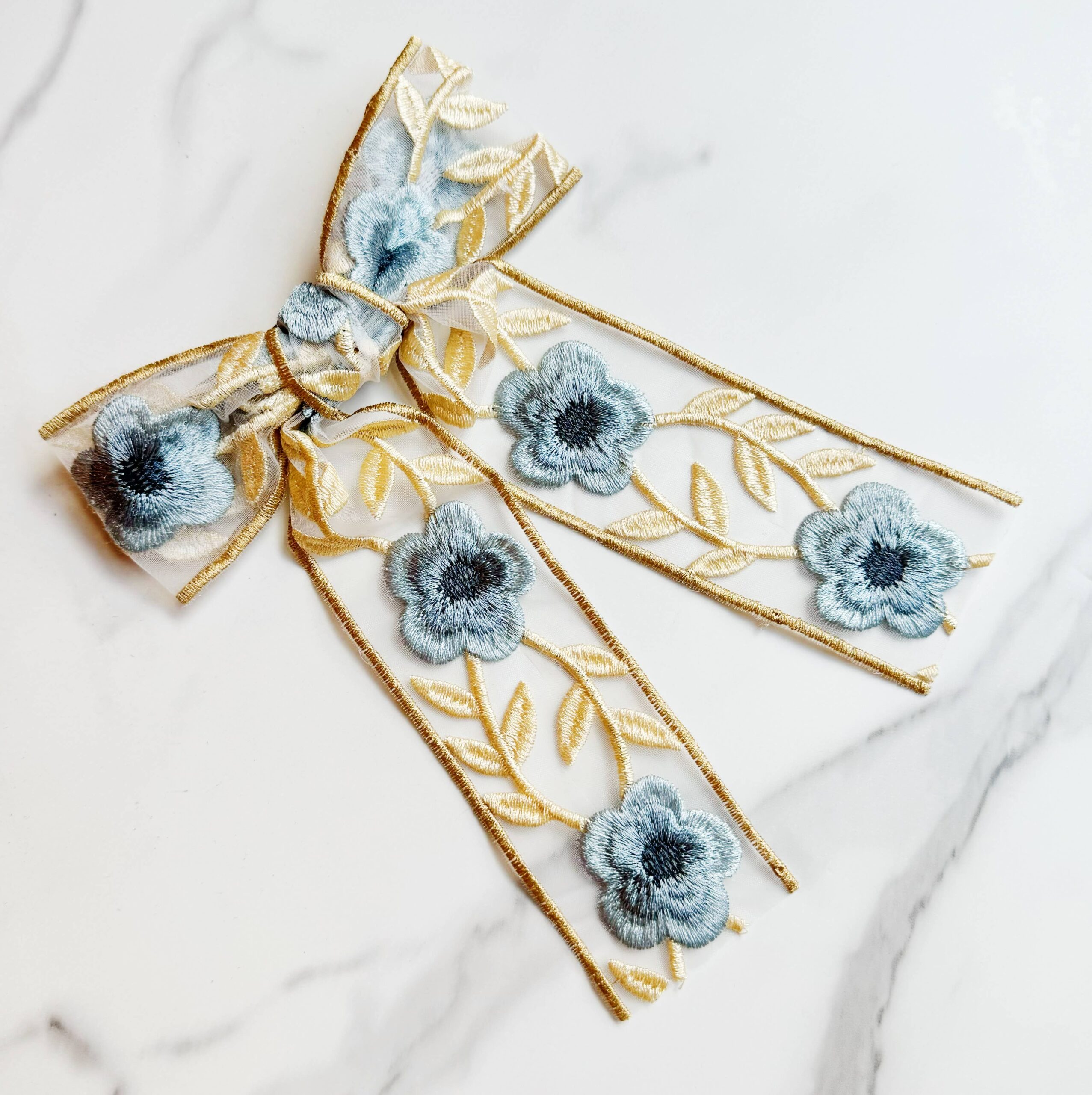 Lacey Flower Embroidered Bow Hair Clip: Blue