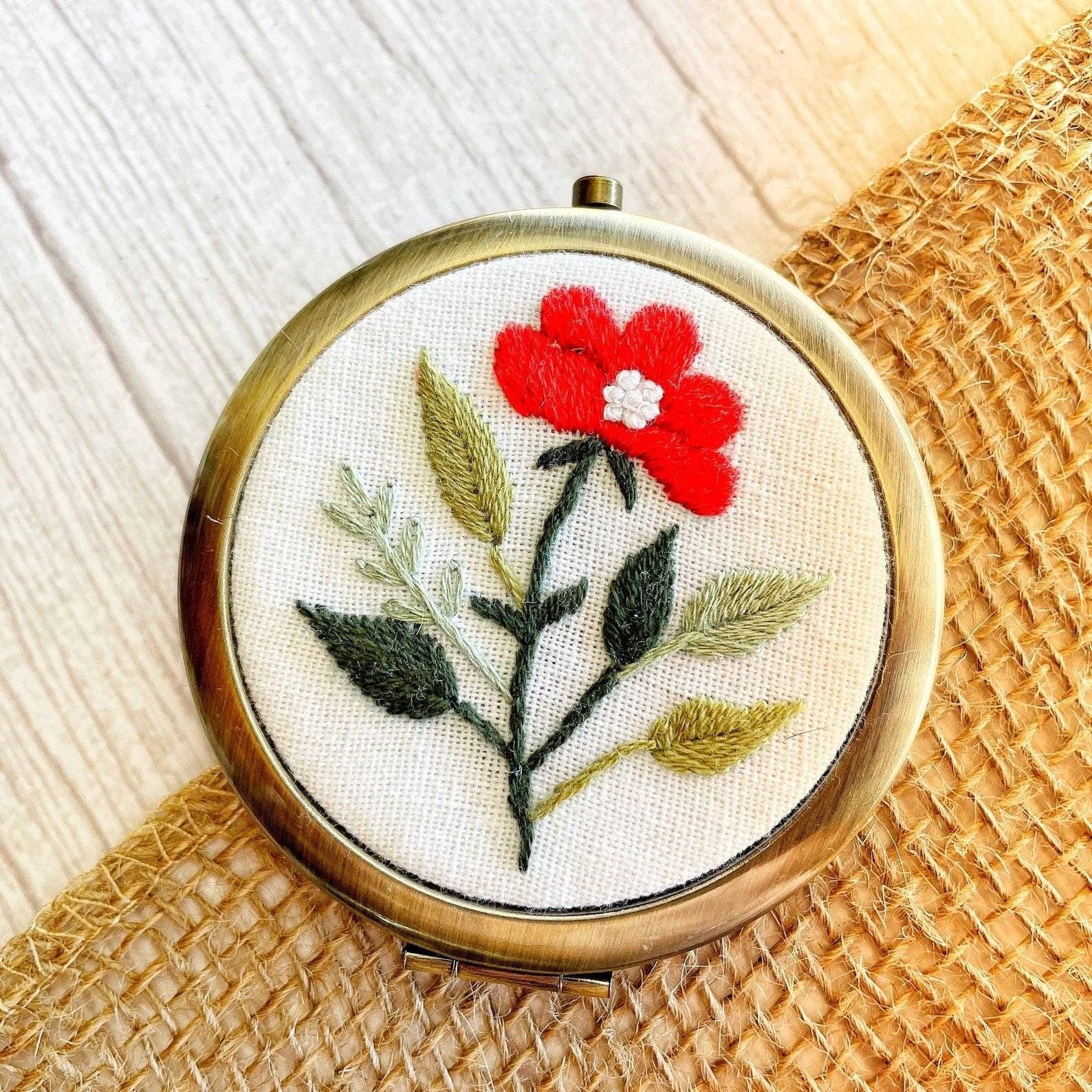 Floral Embroidered Compact Mirror, Collection Brooklyn: 3. Red Camellia