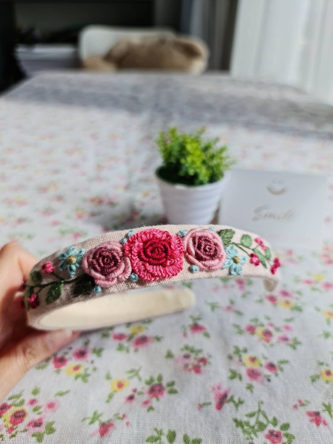 Floral Embroidered Headband Fuchsia & Purple