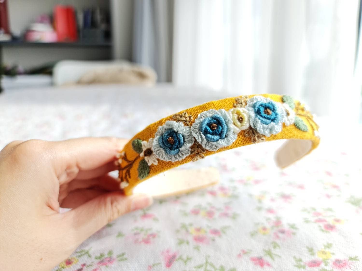 Floral Embroidered Headband Blue Roses
