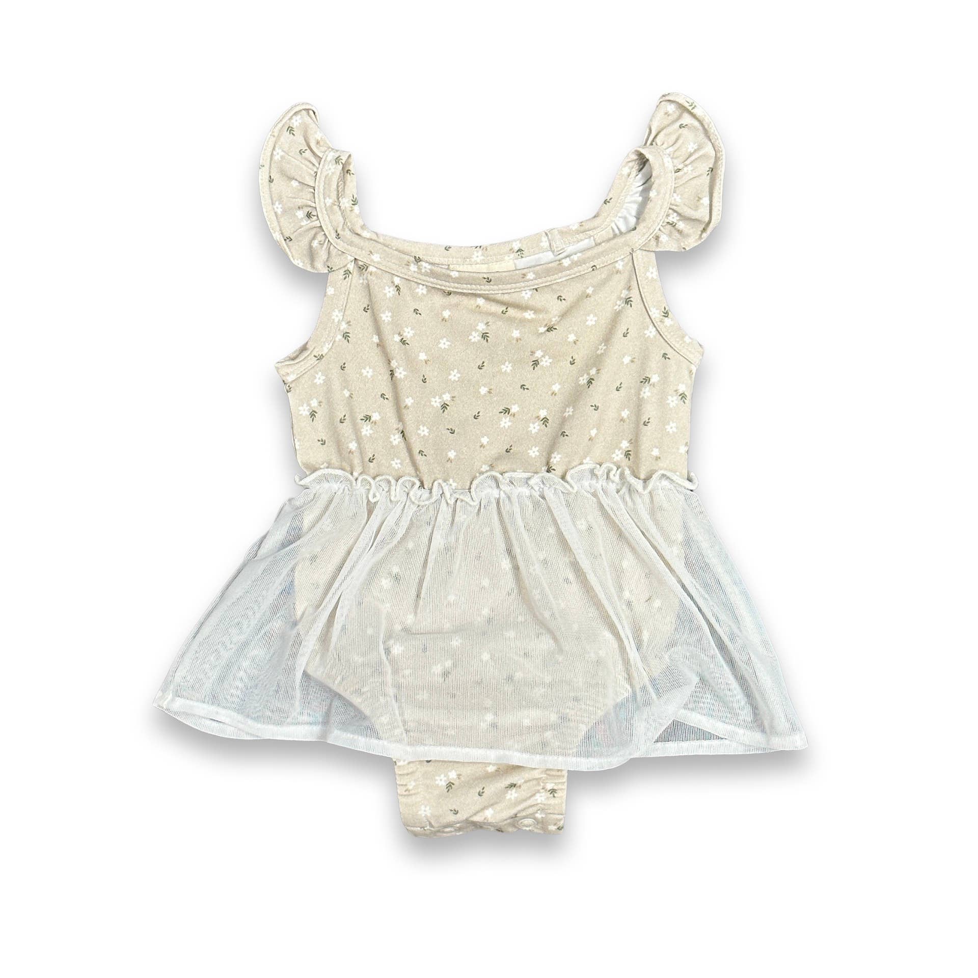 Ditsy Floral Ruffle Tutu Baby Girl Romper (Organic Jersey): Natural, 6-12M