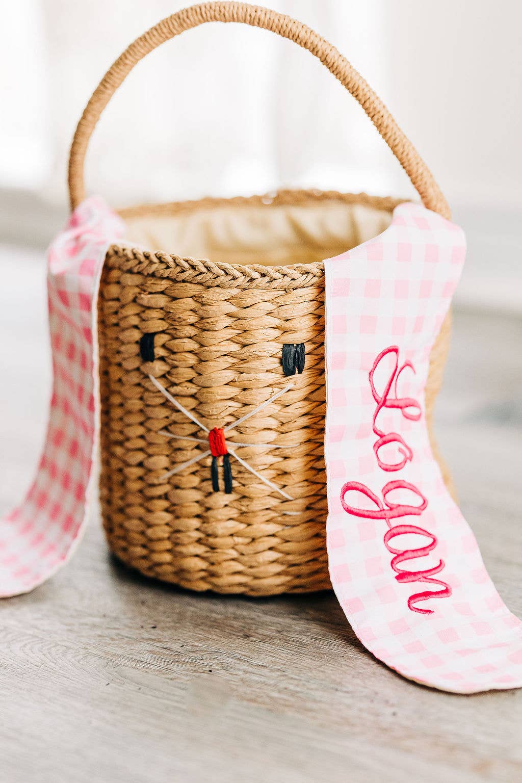 Kids Easter Egg Hunt Easter Basket - Gingham Bunny Ears: Pink Gingham