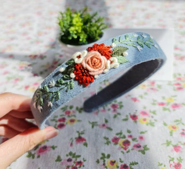 Floral Embroidered Headband Mauve Roses