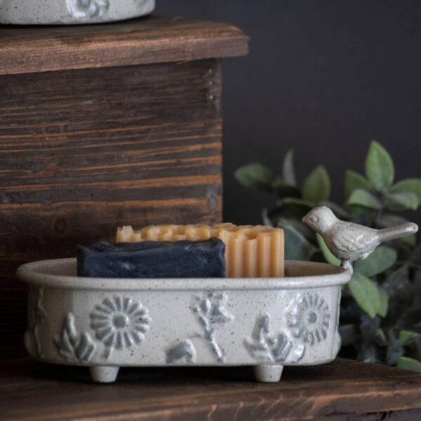 Doris White Antique Floral Embossed Bird Soap Dish