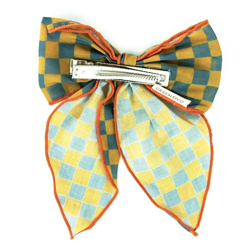 Fable Bow-Mid Size - Checks  Laguna + Wheat