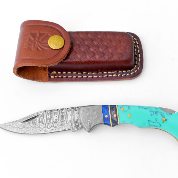 Damascus steel pocket knife Limited Run Turquoise Resin TF-059
