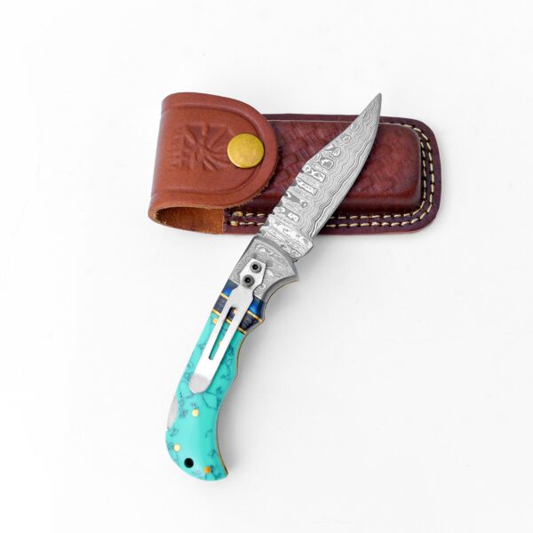Damascus steel pocket knife Limited Run Turquoise Resin TF-059 - Image 2