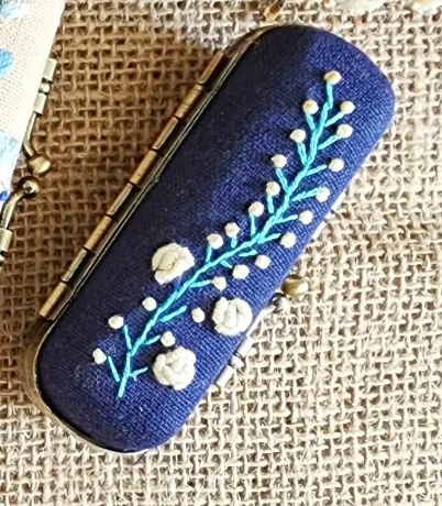 Vintage Embroidered Lipstick Case: Navy