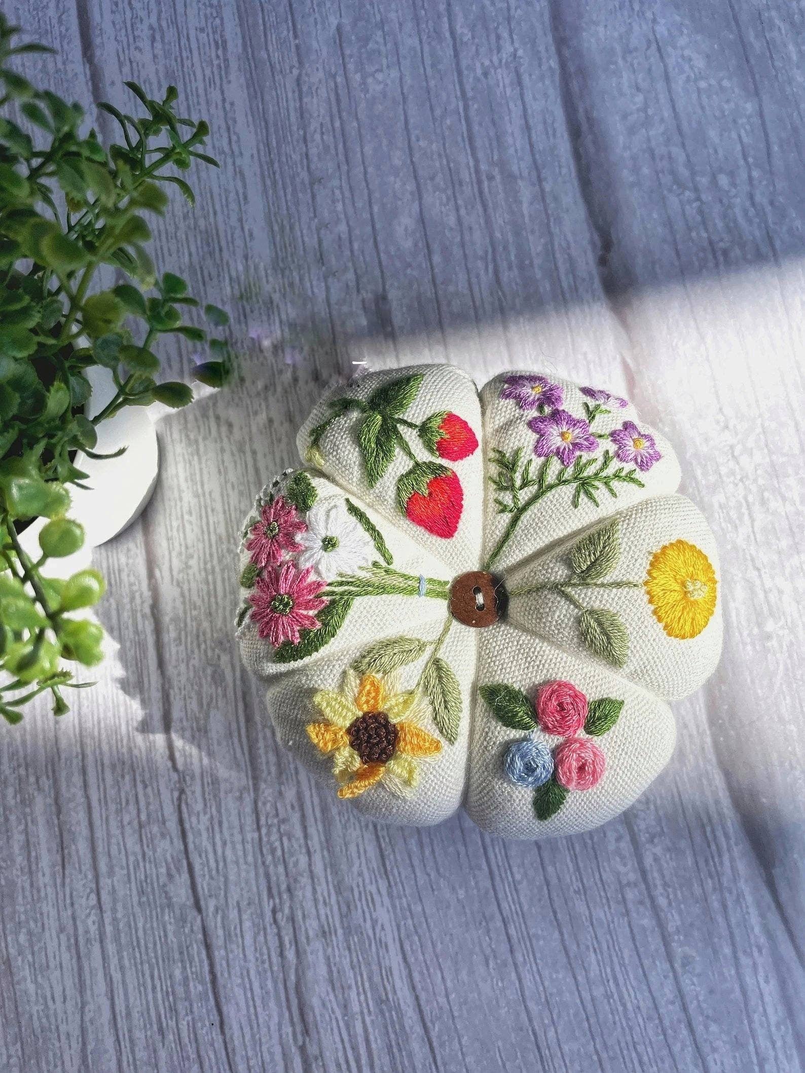 Quince Fables - Flower Garden Embroidery Pumpkin Pincushion