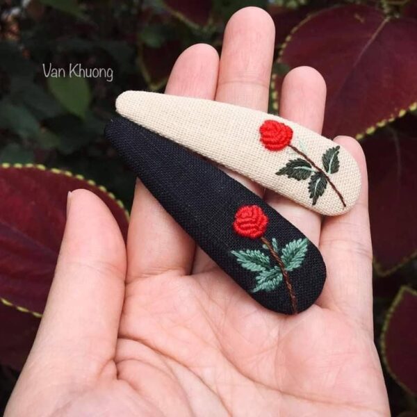 Red Rose Embroidered Hair Barrette: Beige
