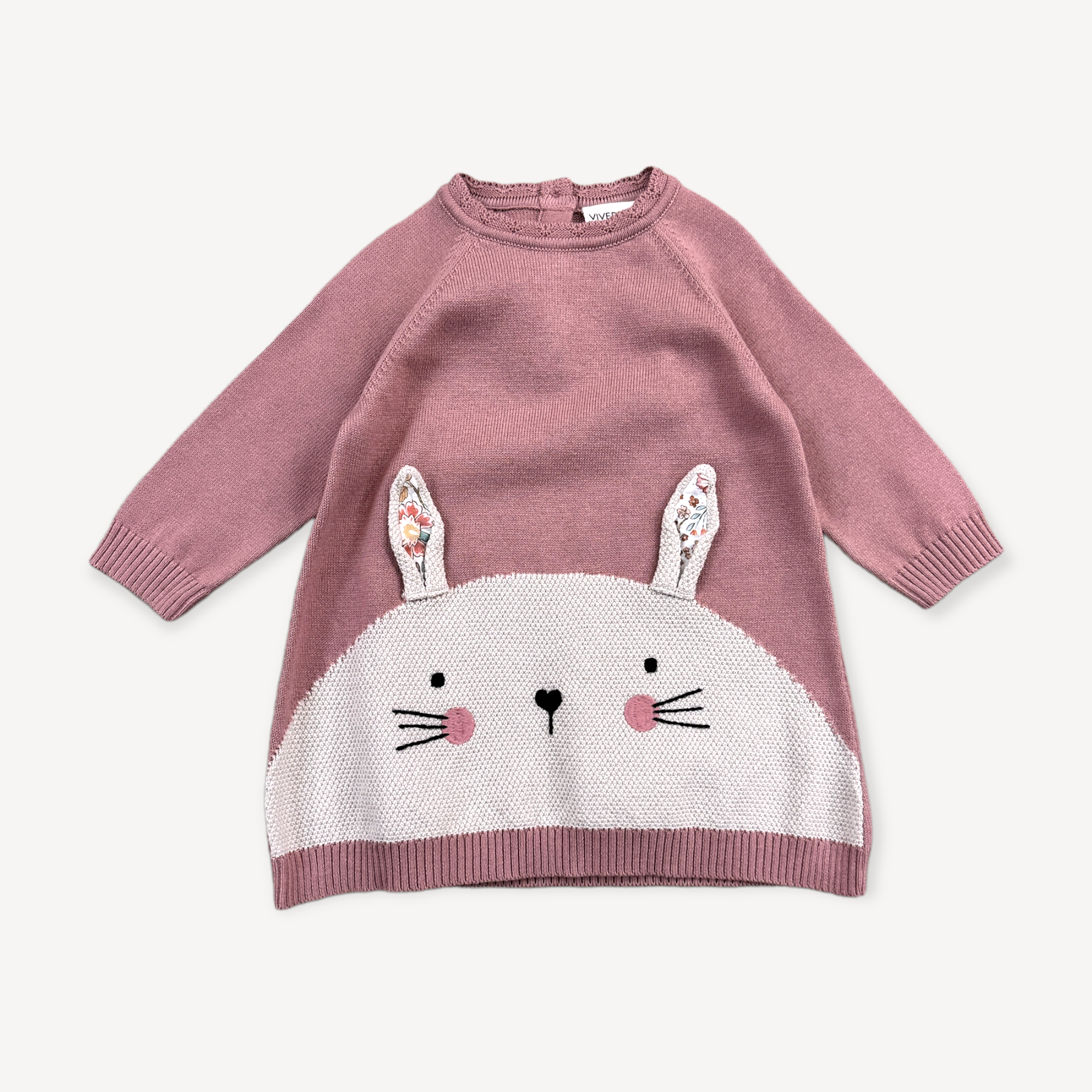 Bunny Jacquard Knit Baby Girl Dress (Organic Cotton): Vintage Rose, 6-12