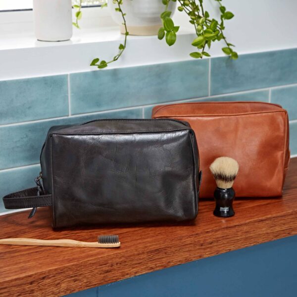 Brown And Black Leather Wash Bag - Handmade: Brown - Image 3