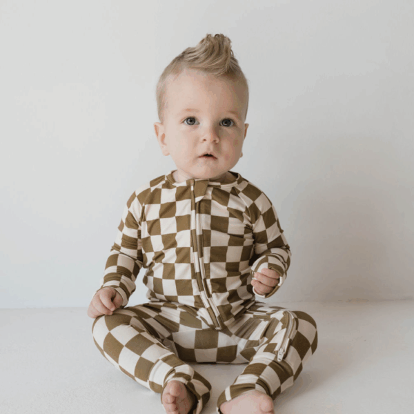 Bamboo Zip Pajamas  | Olive Checkerboard: 3-6 Months