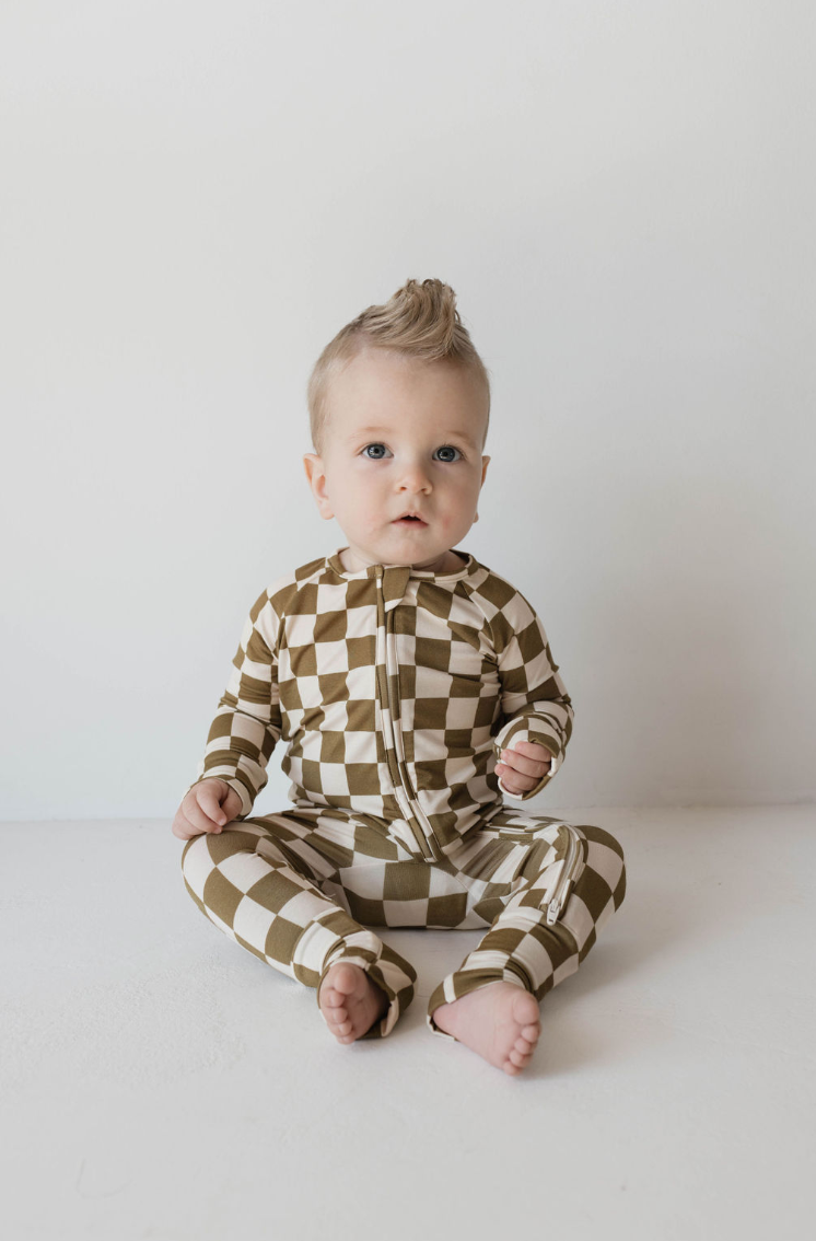 Bamboo Zip Pajamas  | Olive Checkerboard: 12-18 Months