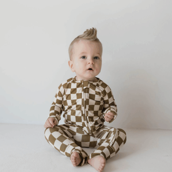 Bamboo Zip Pajamas  | Olive Checkerboard: 3-6 Months - Image 2