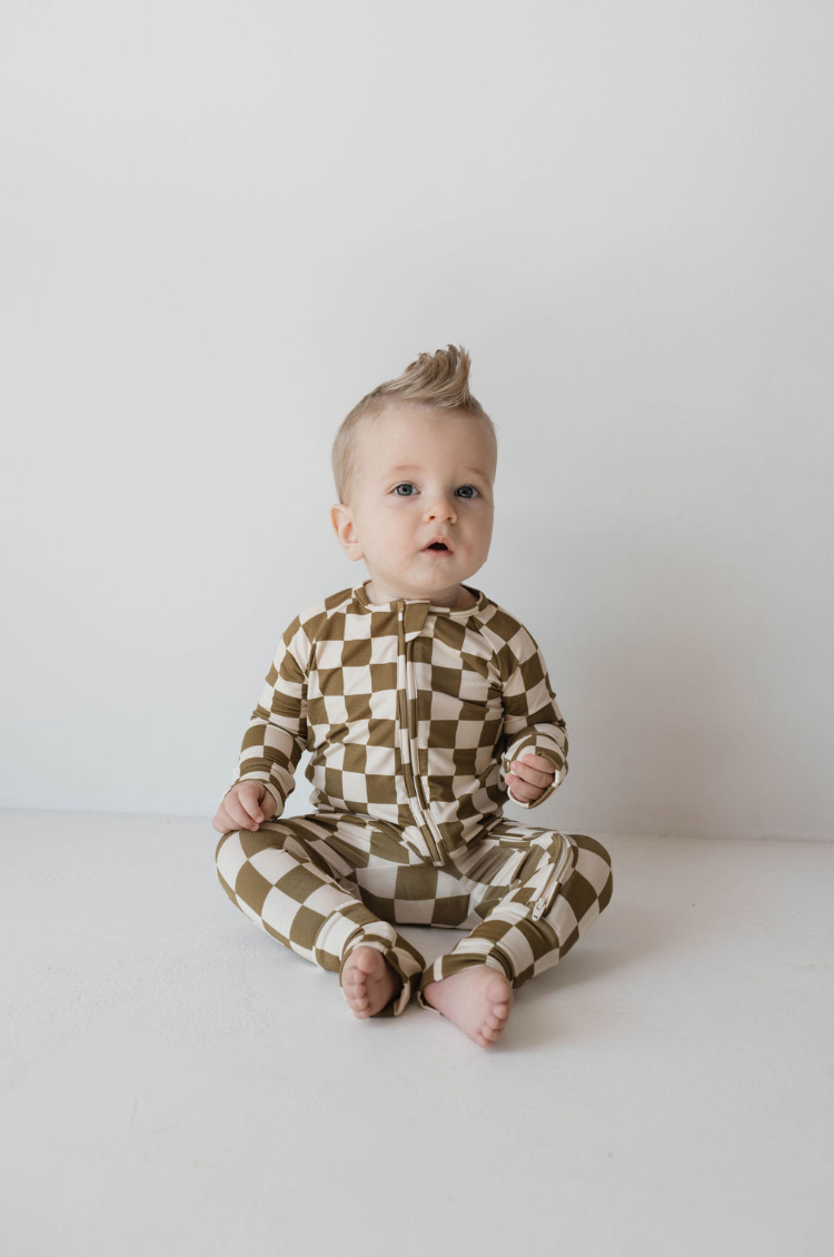 Bamboo Zip Pajamas  | Olive Checkerboard: 6-12 Months