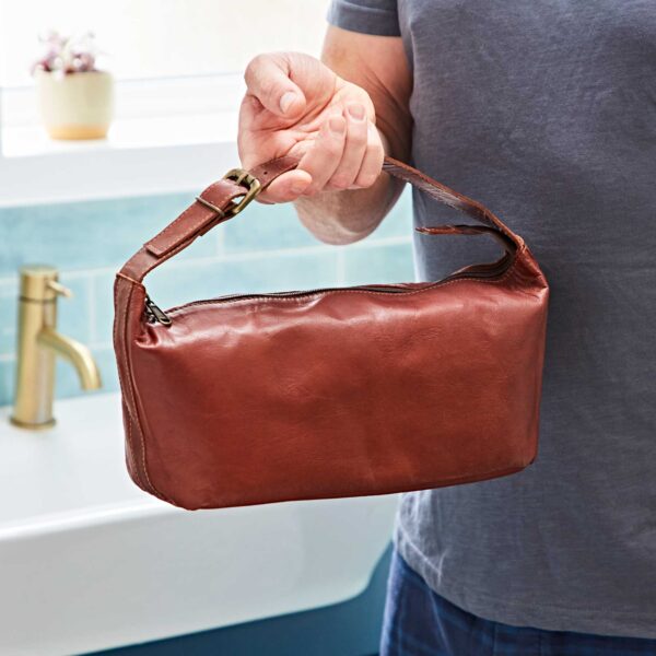 Brown Leather Wash Bag with Strap - Image 2