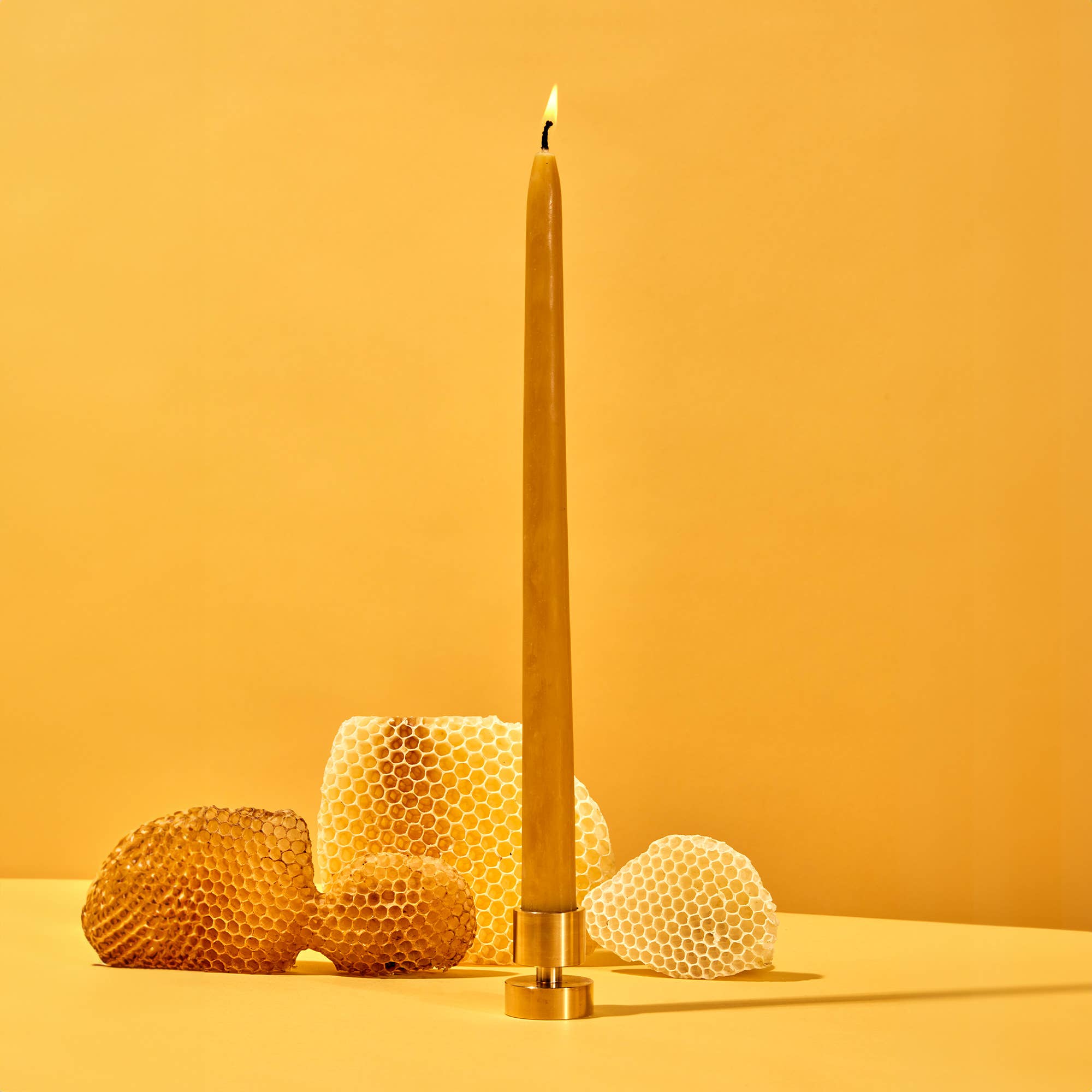 54 Celsius - Beeswax Taper Natural (2 pack) + Solid Brass Taper Holder