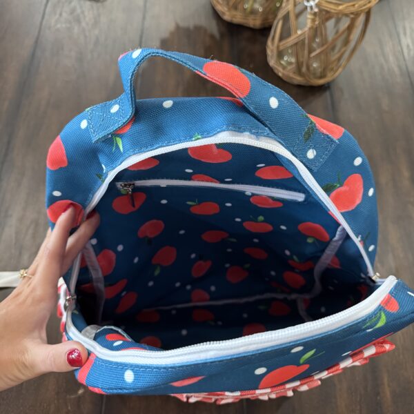 Girls School Bag - Ruffle Backpack - Apples on Navy