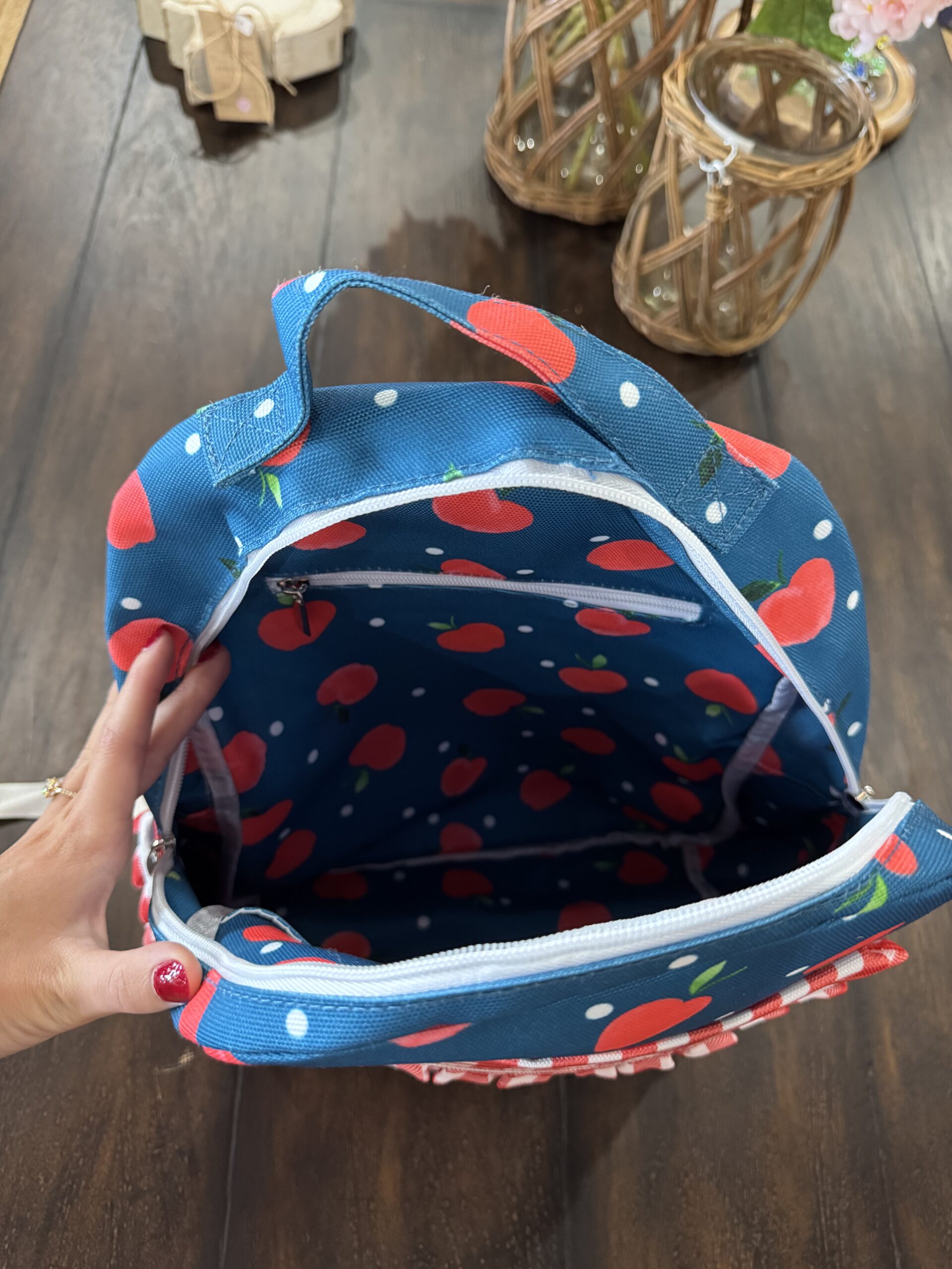 Girls School Bag - Ruffle Backpack - Apples on Navy