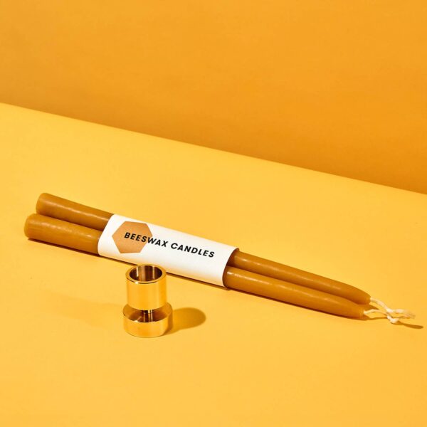 54 Celsius - Beeswax Taper Natural (2 pack) + Solid Brass Taper Holder - Image 2