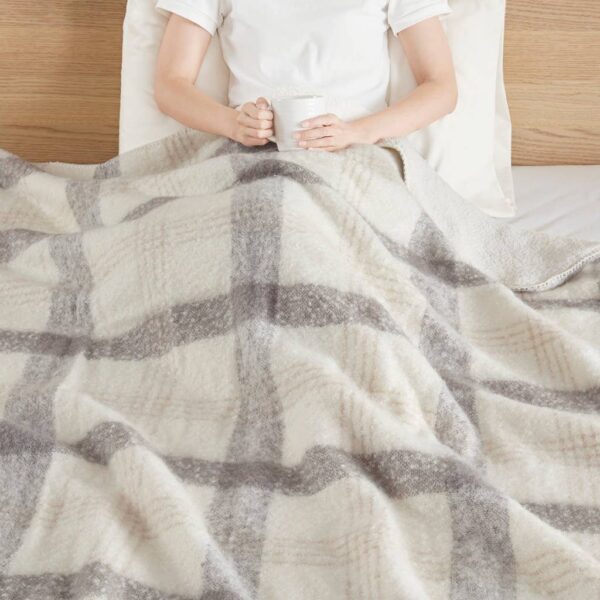 Plaid Faux Mohair Sherpa Soft Throw Blanket 50x60", Ivory: Natural - Image 2