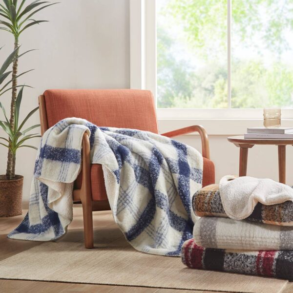 Plaid Faux Mohair Sherpa Soft Throw Blanket 50x60", Ivory: Natural - Image 5