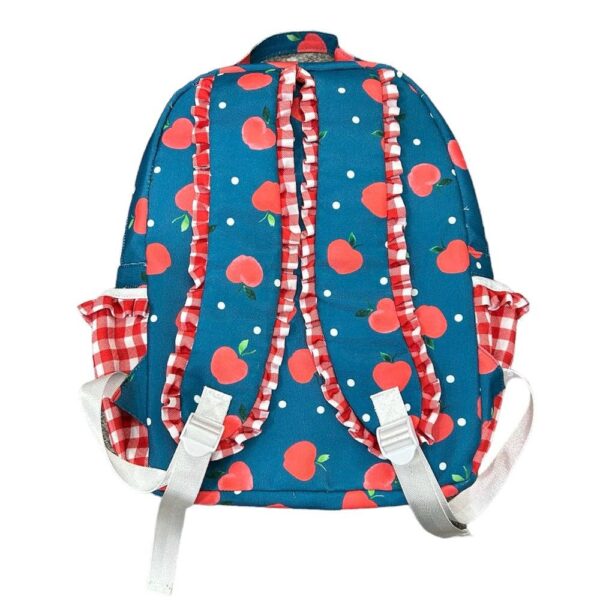 Girls School Bag - Ruffle Backpack - Apples on Navy - Image 2