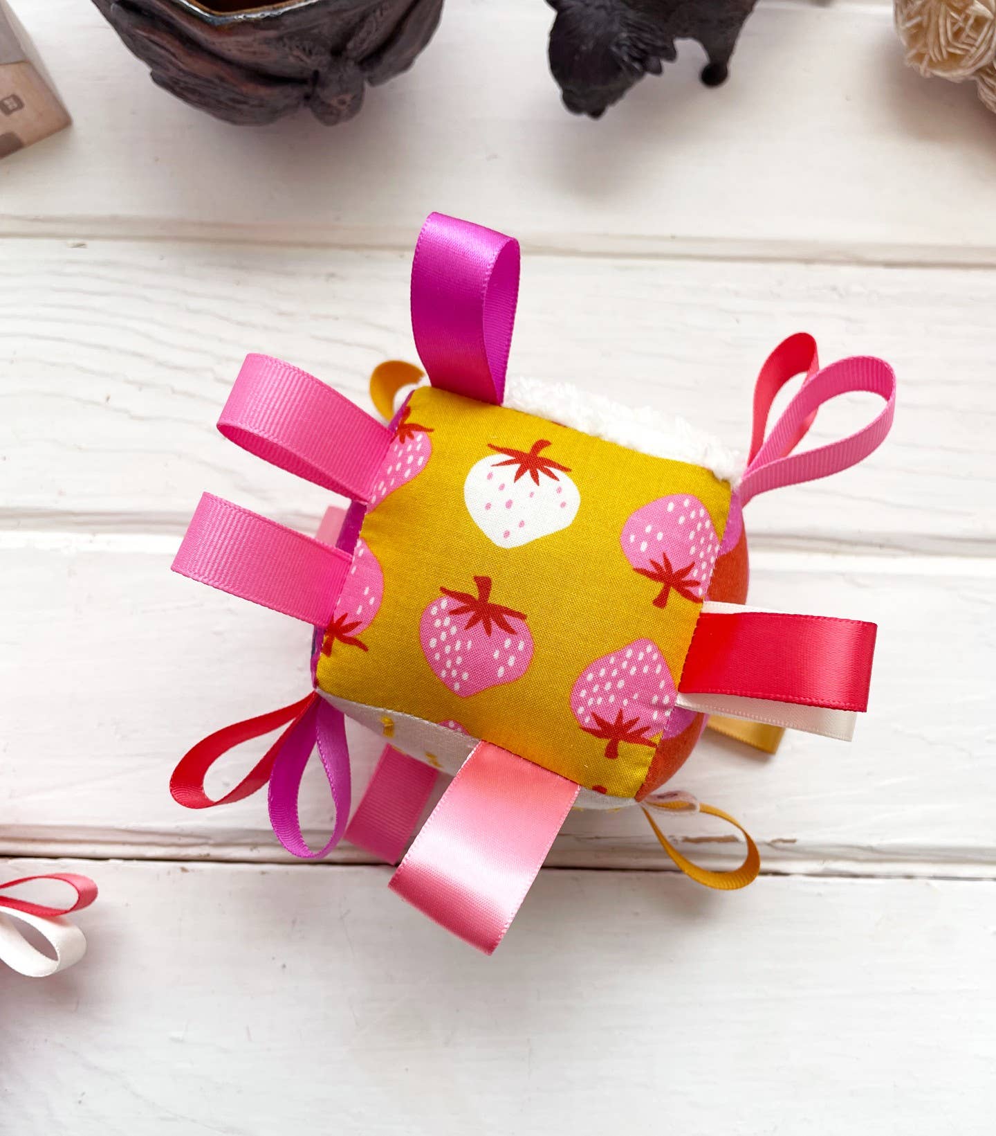 The Bird & Elephant - Marigold Berry Baby Block Sensory Toy with Ribbons & Rattle