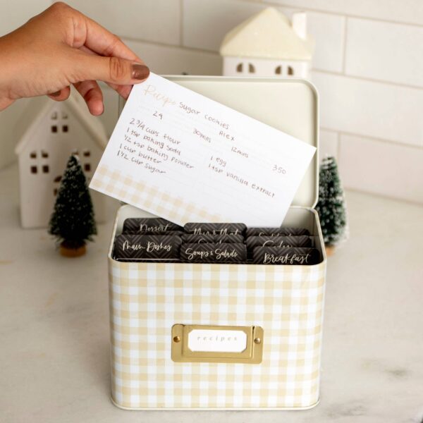 Beige Gingham Tin Recipe Box - Image 2