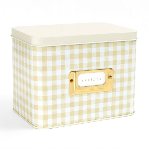 Beige Gingham Tin Recipe Box - Image 3