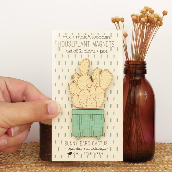 Wood House Plant Magnets | Bunny Ears Cactus | Plant Lover Gift - Image 2