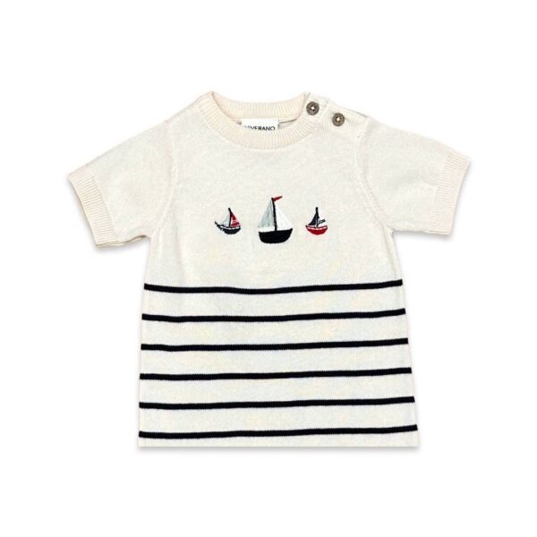 Sailboat Embroidered Knit Short Baby Romper (Organic Cotton): Natural, 6-12M - Image 2