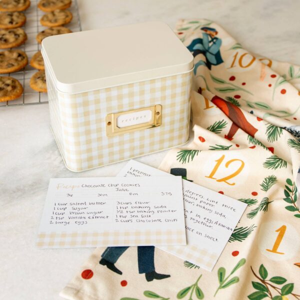 Beige Gingham Tin Recipe Box - Image 4