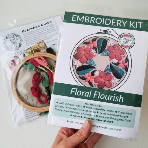 Floral Flourish Beginner Embroidery Kit: Muted green fabric - Image 6