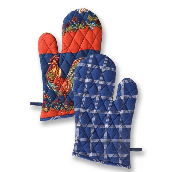 Rooster Patchwork Oven Mitt Set of 2: Navy