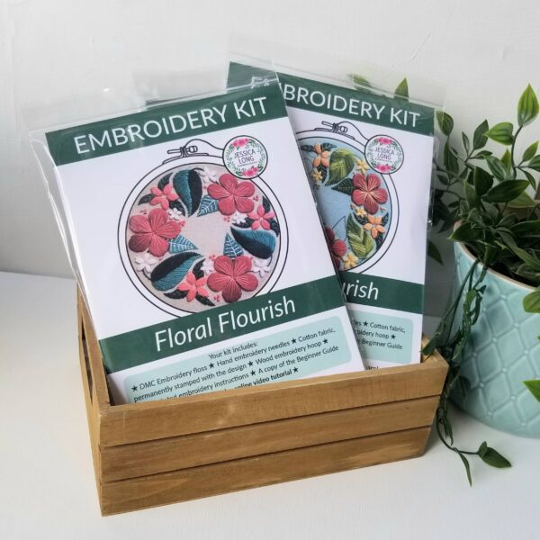 Floral Flourish Beginner Embroidery Kit: Muted green fabric - Image 3