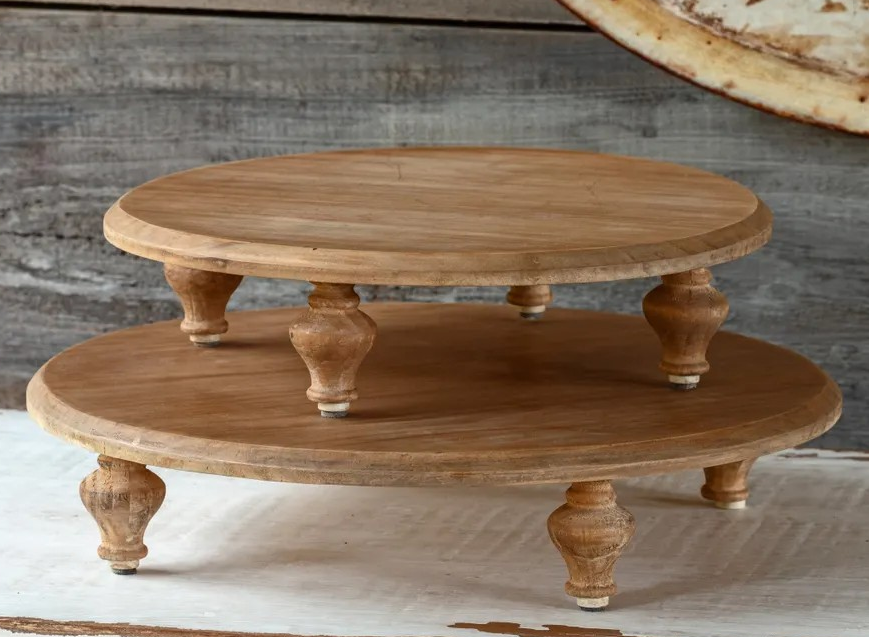 Round Wooden Footed Serving Platform, Set of 2