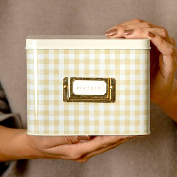 Beige Gingham Tin Recipe Box - Image 6