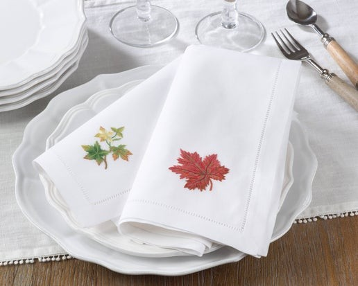 Embr'd Fall Leaf Hemstitch Napkin: White, 20"