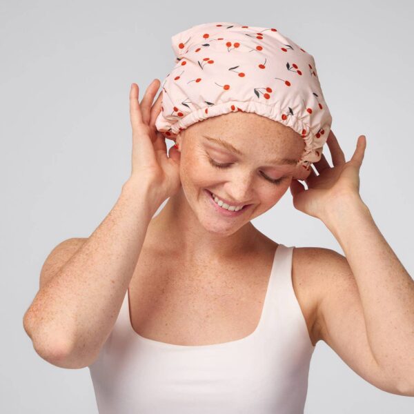 Satin-Lined Flexi Shower Cap - Cherry Print - Image 2