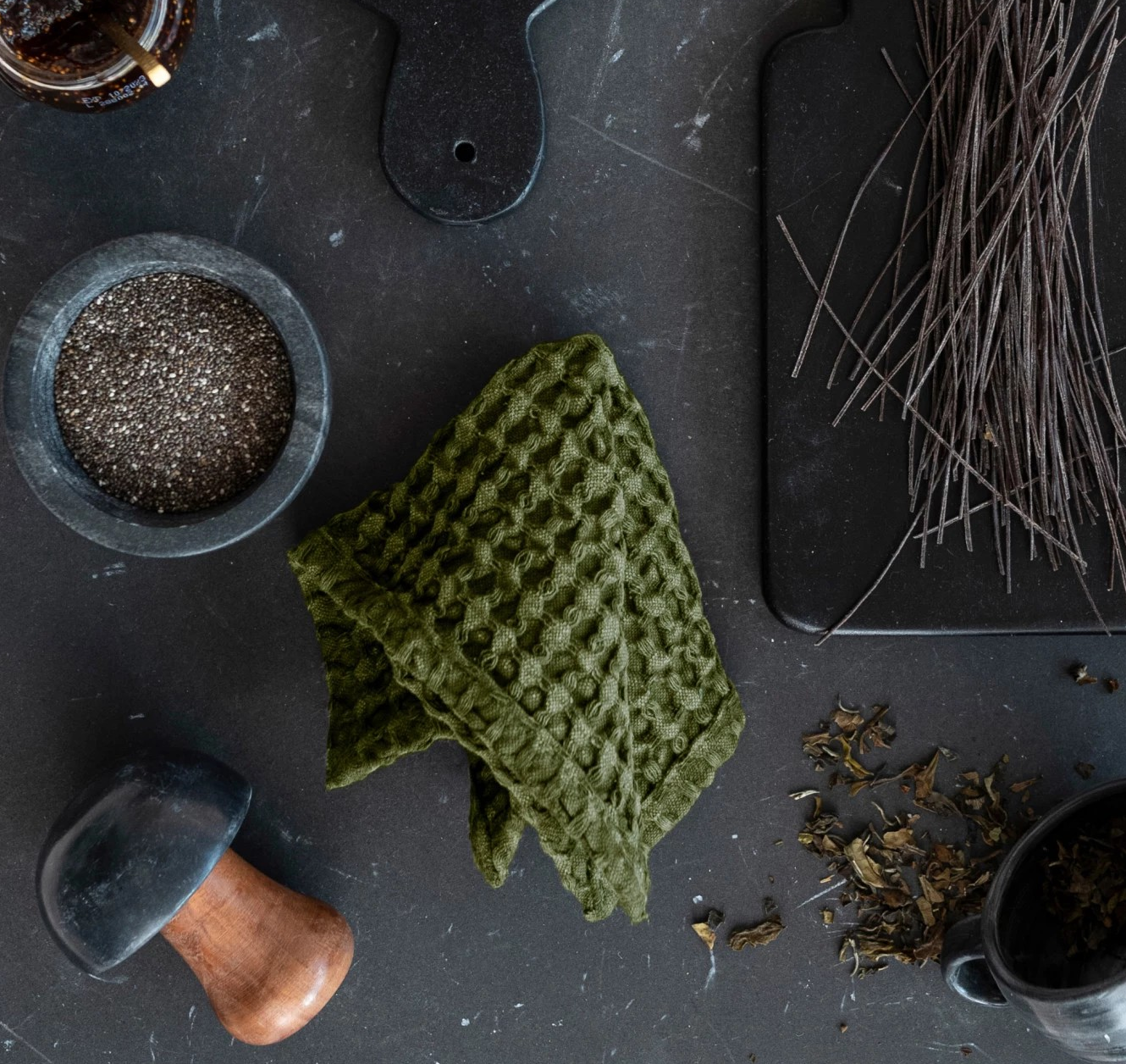 Stonewashed Cotton Waffle Weave Dish Cloths, Green, Set of 3