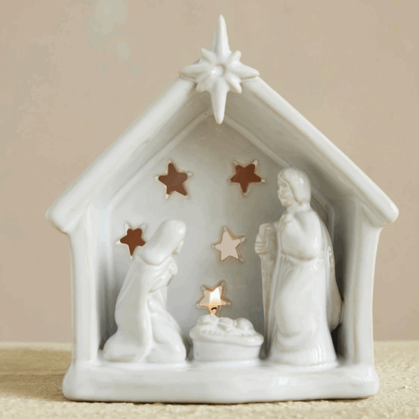 Stoneware Holy Family Tealight Holder with Star Cut-Outs, White