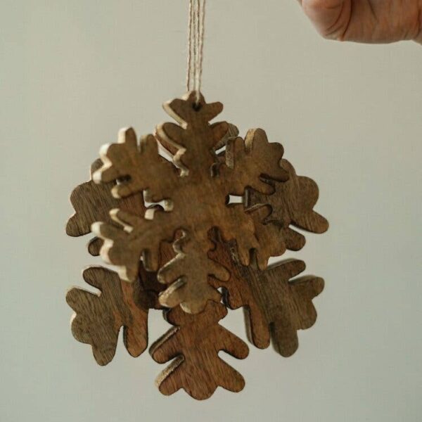 Wooden Fluffy Snowflake Ornament S, Natural - Image 2